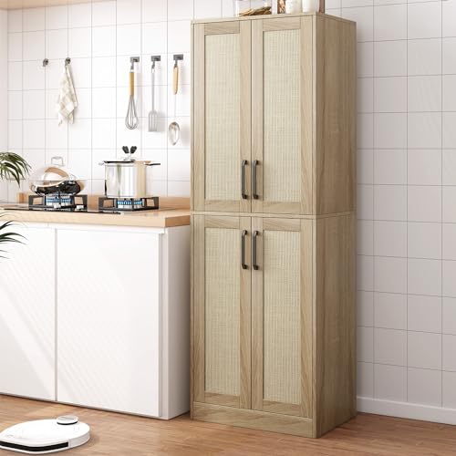 Jheumaj Storage Cabinet - Kitchen Pantry Cabinet, Tall Bathroom Storage Cabinet Freestanding with 4 Rattan Doors and Adjustable Shelves, Cupboard Cabinet for Dining Living Room Laundry Room, Wood