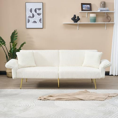 Zentrava White 79" Convertible Futon Sofa Bed with Adjustable Backrest & Armrests, Modern Corduroy Folding Loveseat Sleeper Couches with Two Soft Pillows for Living Room Apartment Office (White) Zentrava