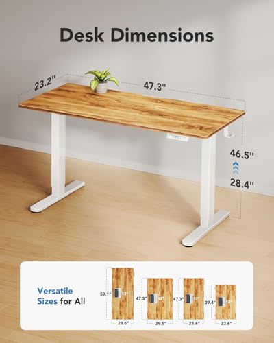 HUANUO Electric Standing Desk, Whole Piece Desktop, Adjustable Height Computer Desk, 4 Height Memory Settings, Sit Stand Up Desk for Home Office, 48" x 24", Light Vintage HUANUO