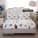 MAG 3PCS White Dinosaur Queen Size Bedding Sheet Sets Included 1*Fitted Sheet and 2 Pilowcase for Kids, Boys and Girls (Queen, White) MAG