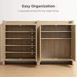 SICOTAS Shoe Cabinet, 24 Pair Shoe Storage Organizer Cabinet, 41" Tall Rattan Shoe Cabinet with Doors and Shelves, 6-Tier Farmhouse Boho Wooden Storage Cabinet for Entryway Hallway Closet, Light Oak SICOTAS