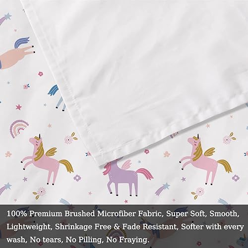 MUSOLEI Unicorn Fitted Sheet Set Full Girls Rainbow Star Sheet Pink Flower Bedding Set 1 Deep Pocket Fitted Sheet with 2 Pillowcases Multi-Colour Girls Kids Teenagers Gift Queen MUSOLEI