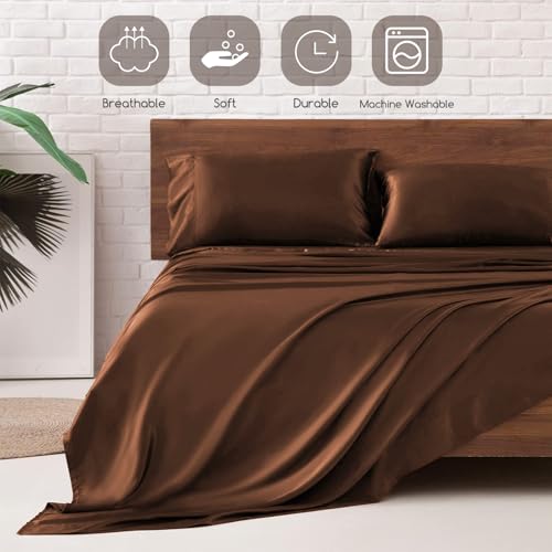 MR&HM Satin Bed Sheets, King Size Sheets Set, 4 Pcs Silky Bedding Set with 15 Inches Deep Pocket for Mattress (King, Brown) MR&HM