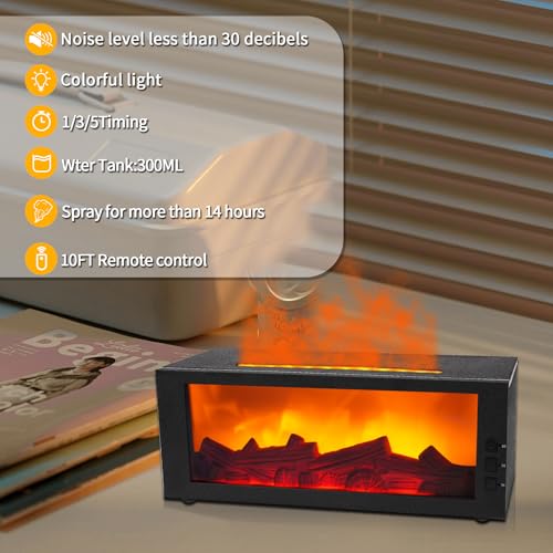 BOHOFAM Fireplace Essential Oil Aroma Diffuser,Flame Air Humidifiers 300ML,14-Hour Runtime,Colorful Flame Diffusers for Home,Included 4 * 10ML Hotel Collection Diffuser Oils for Bedroom(Black) BOHOFAM