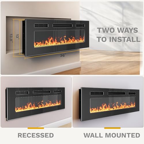 DWVO 36 Inches Electric Fireplace, Recessed or Wall Mounted, Fireplace Heater with Remote Control, Adjustable Temperature, 8H Timer, Adjustable Flame Color and Brightness, 120V 1500W, Crystal DWVO