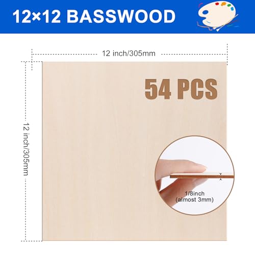 VKIZA 54 Packs Basswood Sheets 12"x12"x1/8", 3mm Basswood for Laser Cutting and Engraving, Thin Plywood Board Unfinished Wood for Crafts, DIY Ornaments and Architectural Model, Wood Burning. VKIZA