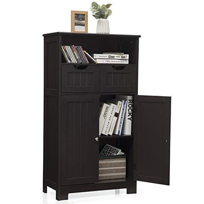 Tangkula Bathroom Floor Cabinet, Storage Cabinet w/Open Shelf, 2 Doors & 2 Adjustable Drawers, Standing Cupboard for Kitchen, Bathroom Cabinet for Living Room Home Office (Espresso) - WoodArtSupply