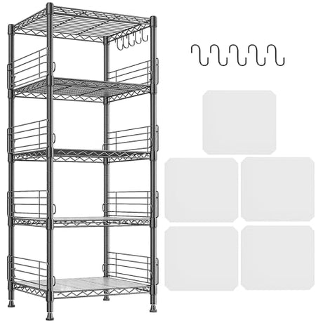 5 Tier Metal Shelving Unit Storage Shelves With Shelf Linker,Adjustable Pantry Shelves Wire Shelving with Hooks,Metal Shelf with Side Blockers for Kitchen,Closet,Office,Laundry,18.1''Wx18.1''Dx59''H DurayLoly
