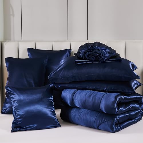 Bedding_Dreamer Silk Like Blue Comforter Set with Sheet Sets Queen 8 Pieces Satin Bedding Silky Bed-in-a-Bag Luxury Hotel Silky with 1 Cushion Cover Bedding_Dreamer
