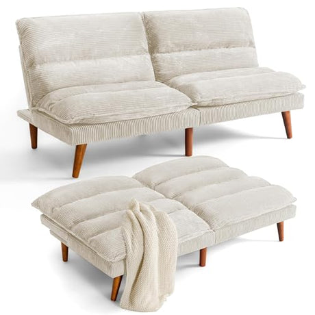 Flamaker Convertible Futon Sofa Bed Futon Couch with Adjustable Back Upholstered Sleeper Sofa Bed for Living Room Furniture (Corduroy, White) Flamaker