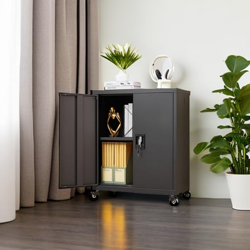 GREATMEET 31.5" H Lockable Storage Cabinet, Small Locking Cabinet with Doors and Adjustable Shelves, Metal Garage Storage Cabinets, Utility Cabinets for Office,Home,Garage,Classroom, Black GREATMEET