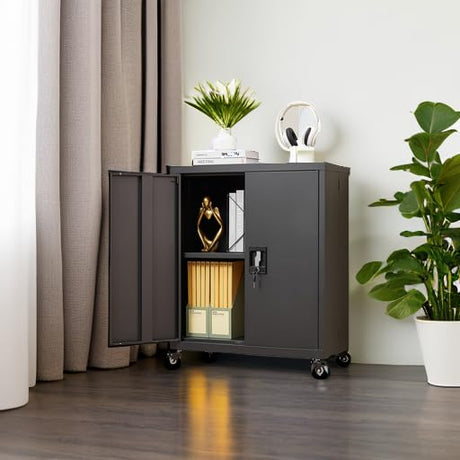 GREATMEET 31.5" H Lockable Storage Cabinet, Small Locking Cabinet with Doors and Adjustable Shelves, Metal Garage Storage Cabinets, Utility Cabinets for Office,Home,Garage,Classroom, Black GREATMEET