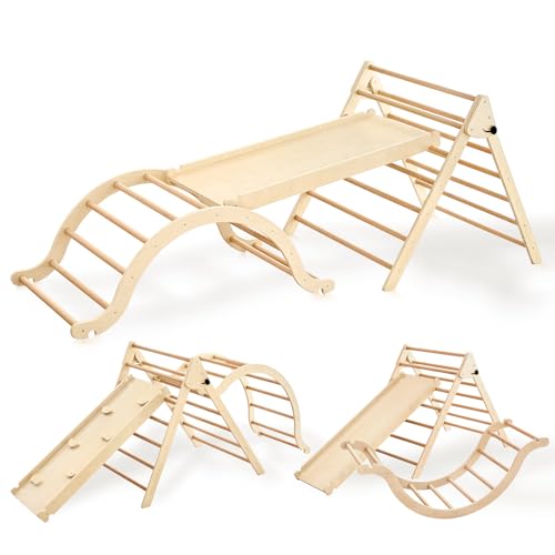 Giant bean Large Foldable Pikler Triangle Set with Sliding Ramp & Climbing Arch Ramp, 5-in-1 Wooden Toddler Climbing Toys Indoor,Playground Jungle Gym for Kids Age 3-6, Montessori Climbing Set Giant bean