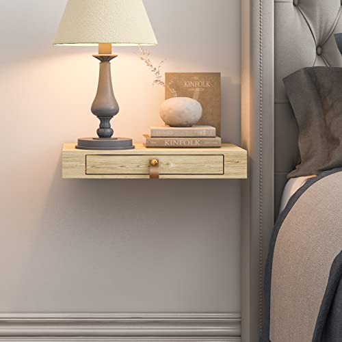 Bloddream Floating Shelf with Drawer, Nightstand for Bedroom - 16'' Wall Shelf, White Floating Shelf with Storage, Floating Bedside Table (Natural) Bloddream