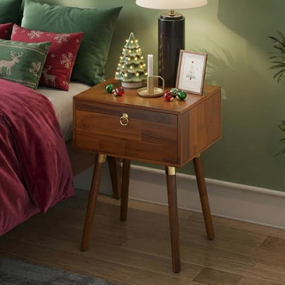 Bme Alden Solid Wood Nightstand/Side Table/End Table, Fully Assembled, with 1-Drawer for Mid Century Bedroom and Living Room, (12mm), Dark Chocolate