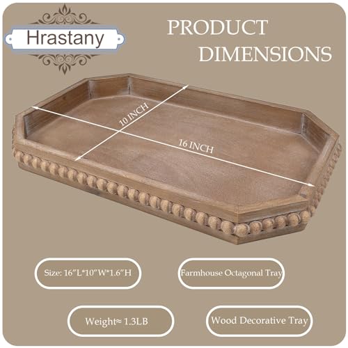 Hrastany Wood Rustic Serving Tray with Beads, Farmhouse Brown Decorative Tray for Table Centerpiece, Christmas Wedding Halloween Home Decor