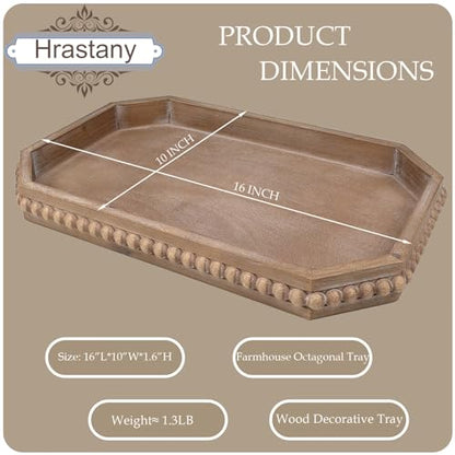 Hrastany Wood Rustic Serving Tray with Beads, Farmhouse Brown Decorative Tray for Table Centerpiece, Christmas Wedding Halloween Home Decor