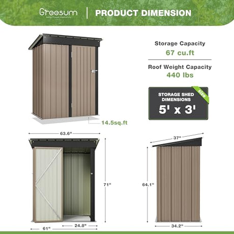 Greesum Outdoor Storage Shed 5 x 3 ft. Utility Tool Shed Metal Storage Garden Shed with Door & Lock for Patio Storage, Brown Greesum