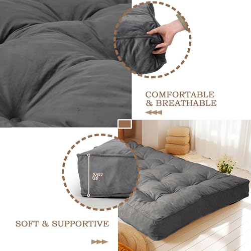 DHMAKER 8-inch Futon Mattress Queen Size, Thick Futon Sofa Couch Bed Foldable Floor Sleeping Pad for Adults, Portable Floor Bed Mattress, Velvet Tatami Mat (Frame Not Included), Deep Grey, 60"x80" DHMAKER