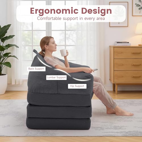 Korser Folding Sofa Bed, Convertible Sleeper Chair with Armrest, Floor Futon Couch with Pillow, Sleeper Single Chair for Adults, Couches for Living Room, Small Couches for Small Spaces,Grey Korser