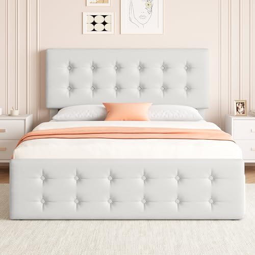 IDEALHOUSE Full Size Bed Frame with 4 Storage Drawers and Headboard, Faux Leather Upholstered Platform Bed Frame with Wooden Slats Support, Button Tufted Design, No Box Spring Needed, Beige IDEALHOUSE
