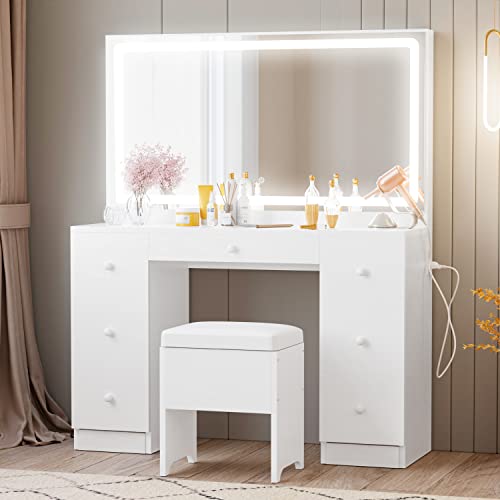 IRONCK Vanity Desk with LED Lighted Mirror & Power Outlet, 7 Drawers Makeup Vanities Table with Stool, for Bedroom, White IRONCK