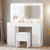 IRONCK Vanity Desk with LED Lighted Mirror & Power Outlet, 7 Drawers Makeup Vanities Table with Stool, for Bedroom, White IRONCK