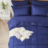 Yogeneg Queen Comforter Set 7 Piece Bed in a Bag,Grid Pinch Pleat Navy Blue Bedding Set,Striped Textured Soft Microfiber Comforter with Sheet Set,All Season Complete Bed Set(Navy Blue,Queen) Yogeneg
