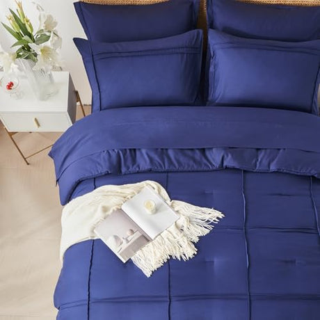 Yogeneg Queen Comforter Set 7 Piece Bed in a Bag,Grid Pinch Pleat Navy Blue Bedding Set,Striped Textured Soft Microfiber Comforter with Sheet Set,All Season Complete Bed Set(Navy Blue,Queen) Yogeneg