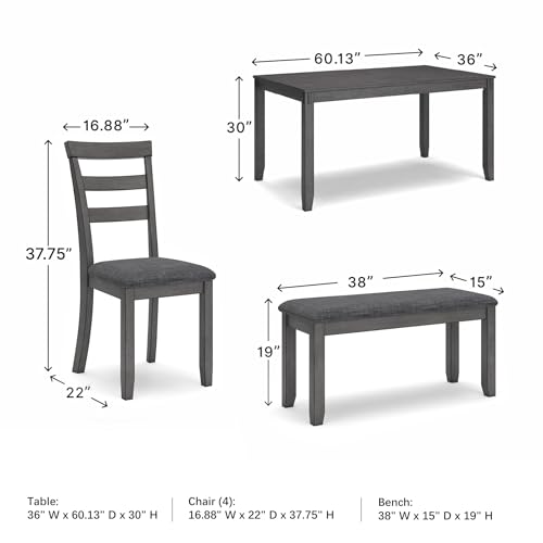 Signature Design by Ashley Bridson 6 Piece Dining Set, Includes Rectangular Dining Table, 4 Ladderback Chairs & Bench, Wood, 36" W x 60.13" D x 30" H, Gray Signature Design by Ashley