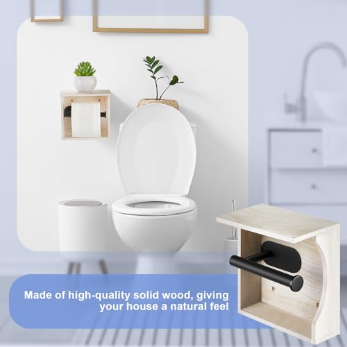 Mifoci 2 Pcs Farmhouse Toilet Paper Holder with Shelf Rustic Wooden Wall Mounted Tissue Roll Holder with Phone Storage Shelf Paper Dispenser Holder for Bathroom