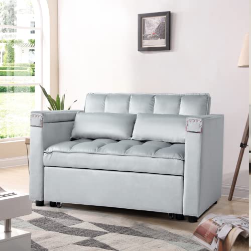 Convertible Sofa Bed, 3-in-1 Multi-Functional Velvet Sleeper Couch Pull-Out Bed, 48'' Loveseat Chaise Lounge with Adjustable Backrest and Pillows, Hidden Side Table for Living Room, Small Space ORRD