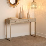 Eden Home 2-Drawer Faux Leather Console Table, Cream and Champagne Finish, 31" H x 48" W x 17" D, Clear Acrylic Handles, Iron Base, Transitional Style for Living Room or Entryway Storage Eden Home