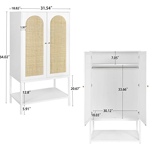 QEIUZON Wardrobe Closet, Rattan Freestanding Wardrobe Cabinet with Storage Cubes & Hanging Rod, Bedroom Armoire, 2-Doors-White QEIUZON