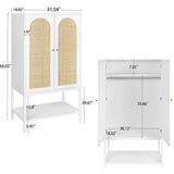 QEIUZON Wardrobe Closet, Rattan Freestanding Wardrobe Cabinet with Storage Cubes & Hanging Rod, Bedroom Armoire, 2-Doors-White QEIUZON