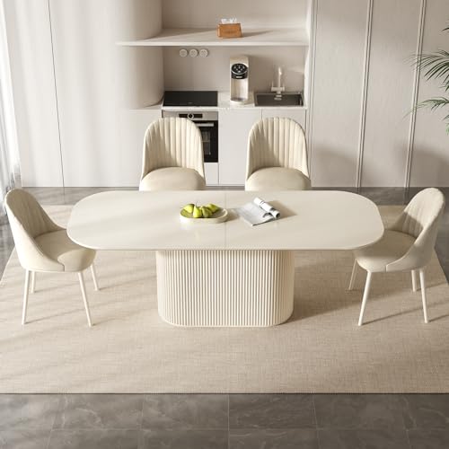 Guyii 86.61" Oval Dining Table Set with 8 Chairs, Modern Kitchen Table Set, Indoor Rectangular Dining Room Table for Kitchen, Bar, Living Room, Breakfast Nook, Cream White Guyii