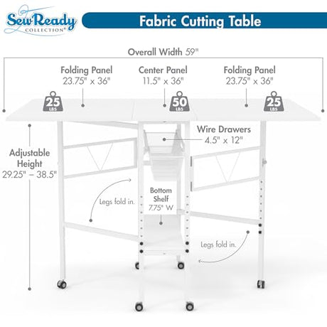 Sew Ready Folding Sewing Craft Table with Storage, Adjustable Height Cutting Desk with Drawers and Wheels for Quilting, Fabric, and Hobby Room, White Sew Ready