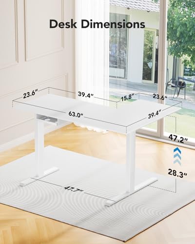 HUANUO L-Shaped Standing Desk, 63 x 40 inch Dual Motor Corner Standing Desk, Electric Height Adjustable Computer Desk with Cable Tray & 3 Preset Heights, Raising Desk for Home Office, White, HNESD109 HUANUO