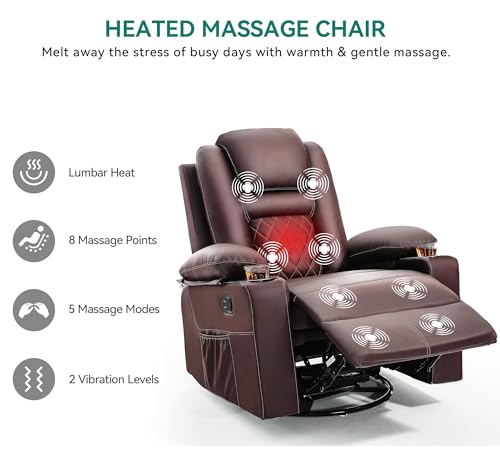 YITAHOME Recliner Chair,PU Rocking Chair for Adults,Swivel Recliner with Cup Holders,Heat and Massage,Single Sofa Seat with Side Pockets for Living Room/Bedroom,Brown YITAHOME