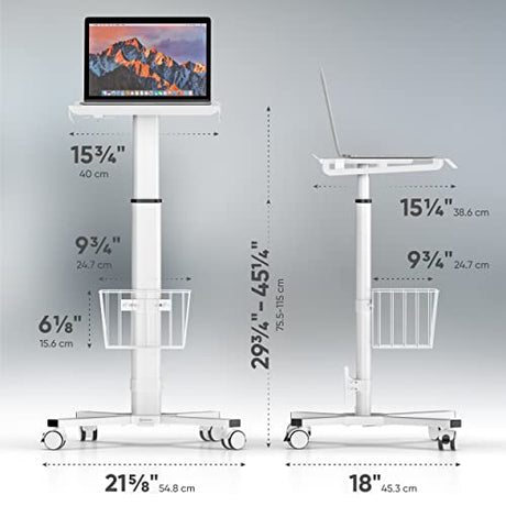 ONKRON Mobile Laptop Cart on Wheels, Load up to 17.6 lbs, Standing Rolling Desk Adjustable Height, Portable Workstation for Laptop/Small Computer Cart for Couch, Home, Office White ONKRON