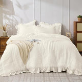 JOLLYVOGUE Ivory Queen Comforter Set, 3 Pieces Seersucker Comforters Queen Size, Lightweight & Fluffy Bedding Sets Queen for All Season with 1 Ruffle Comforter and 2 Ruffle Pillowshams JOLLYVOGUE