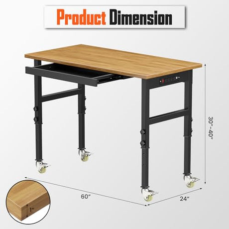 SGHATAJ 48” Adjustable Height Workbench with Drawers, Heavy-Duty Solid Wood Work Table with Lockable Wheels and Power Outlets, 3000 Lbs Capacity Workstation for Garage, Workshop, Home, Office SGHATAJ