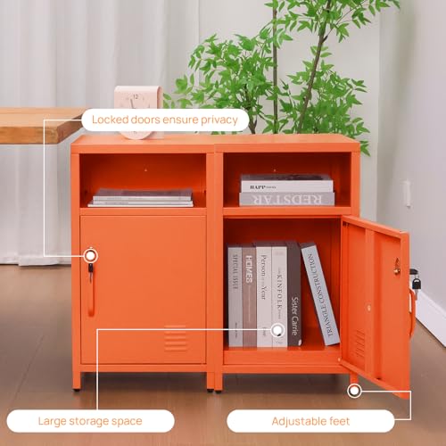 ALBAD Compact Metal Nightstand with Lockable Cabinet and Open Shelf, Modern Bedside Table, Versatile Side Table for Bedroom, Living Room, or Office (Orange, 26" H-Lockable Door) ALBAD
