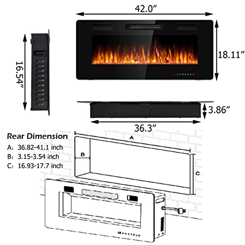 Tangkula 42 Inches Recessed Electric Fireplace, in-Wall & Wall Mounted Electric Heater with Adjustable Flame Color & Speed, Remote Control, Touch Screen, 750-1500W (42 Inches) Tangkula