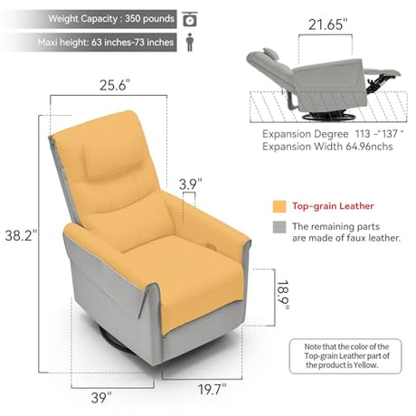 AIRSKY Leather Recliner Chair, Top Grain Leather, Italian Water-Washing Process, Movable Headrest,Recliner Chairs for Adults, Nursery Rocking Chairs,Swivel Rocker Recliner, Living Room Chair,Grey,R3 AIRSKY