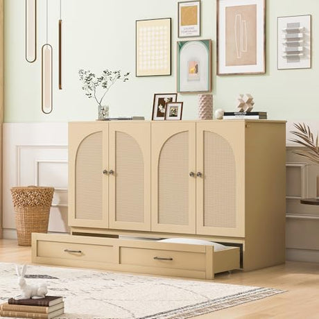 Merax Full Size Murphy Bed with Charging Station and Large Storage Drawer, Foldable Pull Out Murphy Chest Bed for Apartments, Bedrooms, Studio, No Spring Box Needed, Gold Merax