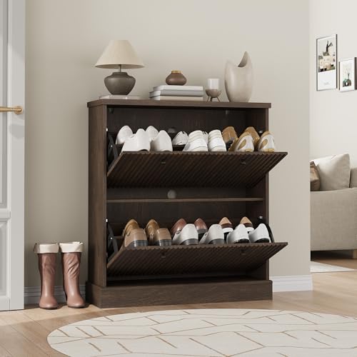 Garvee Shoe Cabinet with 2 Flip Drawers, Modern Narrow Wave Shoe Organizer with Adjustable Shelves, Wooden Freestanding Shoe Cabinet for Entryway, Living Room, Hallway, Walnut Garvee