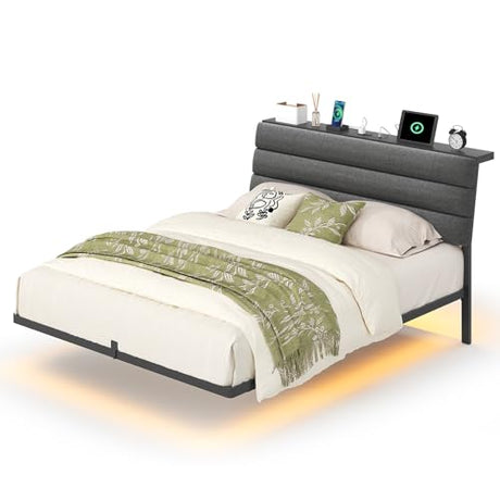 STHYTON Floating Bed Frame Queen, Platform Bed with LED Lights & Charging Station, Ergonomic Storage Headboard, Heavy Duty Metal Slats, No Box Spring Needed, Easy Assembly, Dark Gray STHYTON
