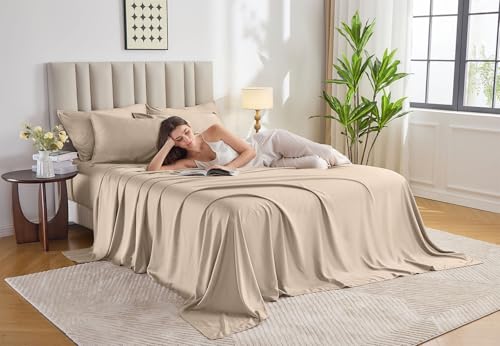 Pure Bamboo King Sheets, Genuine 100% Organic Viscose Derived from Bamboo Bed Sheet Set, Luxuriously Soft & Cooling, Double Stitching, 2 Year Quality Promise (King, Almond) Pure Bamboo