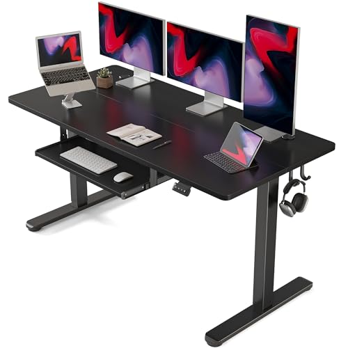 FEZIBO Standing Desk with Keyboard Tray, 63 × 24 Inches Electric Height Adjustable Desk, Sit Stand Up Desk, Computer Office Desk, Black - WoodArtSupply